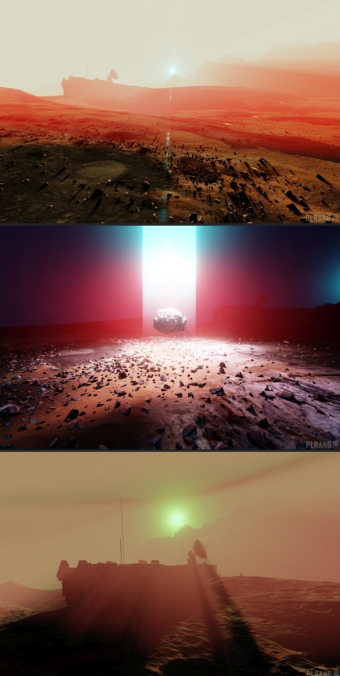 3 wizualizacje prezentujące Marsjański krajobraz, bazę na Marsie i obcą formę energii lub zastosowanie antygrawitacji, lewitujący głaz