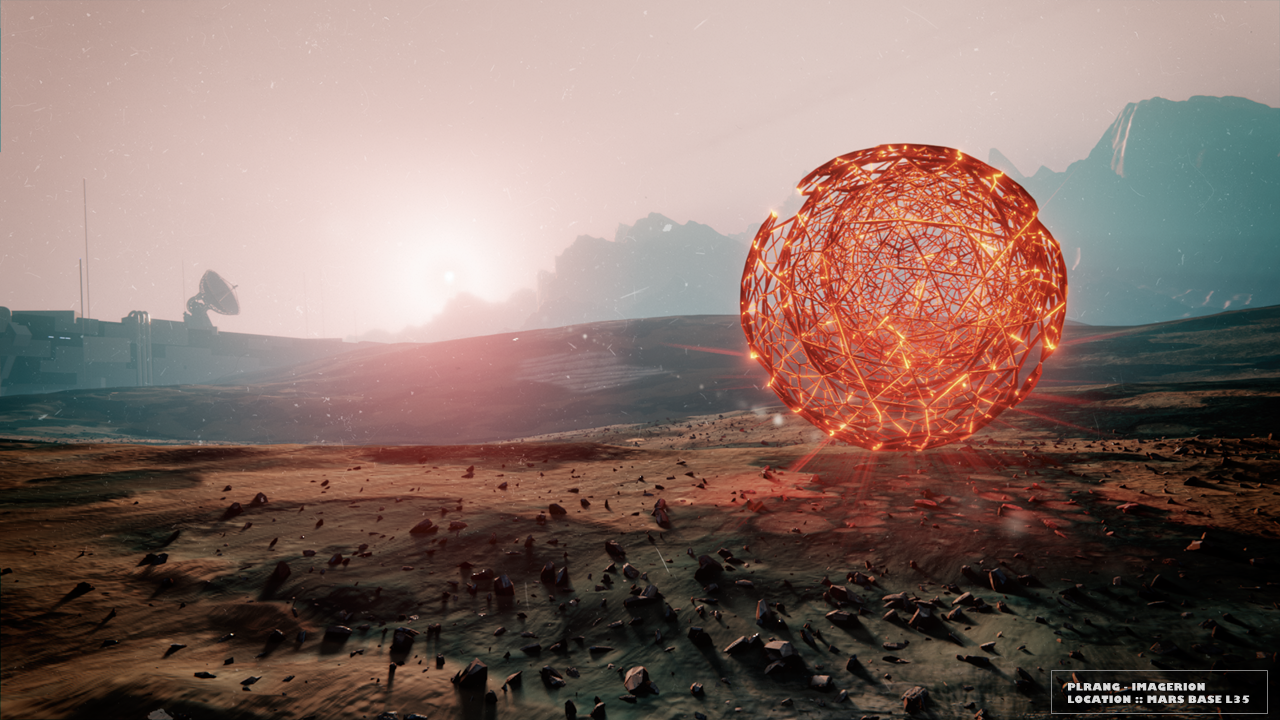 Niezidentyfikowany obiekt latający, pomarańczowa kula na tle krajobrazu Marsa