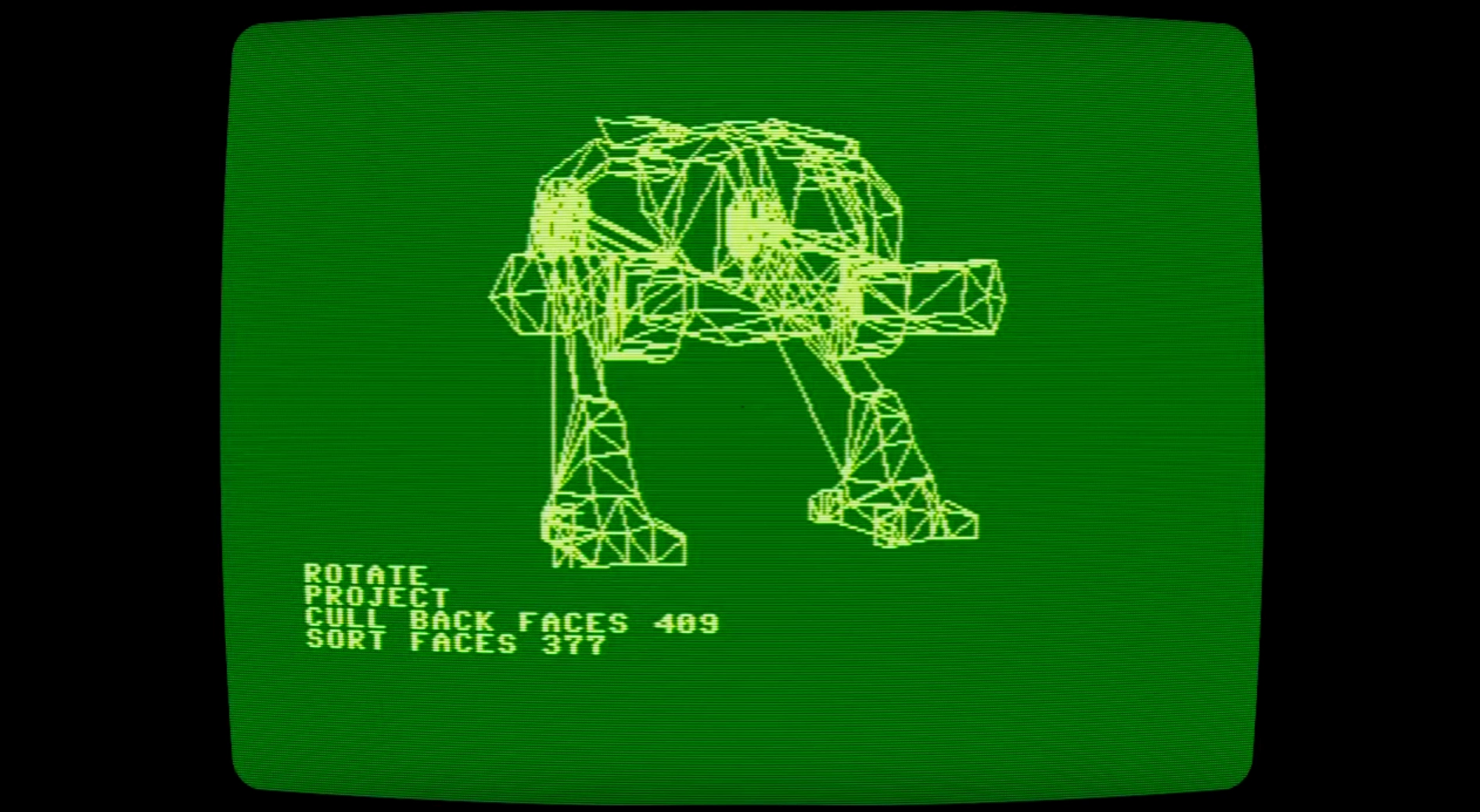 Na obrazku widoczny jest zielony ekran emulatora Commodore Plus/4 z wyświetloną grafiką 3D przedstawiającą model druciany maszyny kroczącej (AT-AT). Na ekranie znajdują się również napisy informujące o operacjach wykonywanych przez program, takie jak: "ROTATE", "PROJECT", "CULL BACK FACES 409" oraz "SORT FACES 377". Grafika jest renderowana w czasie rzeczywistym w trybie BASIC.